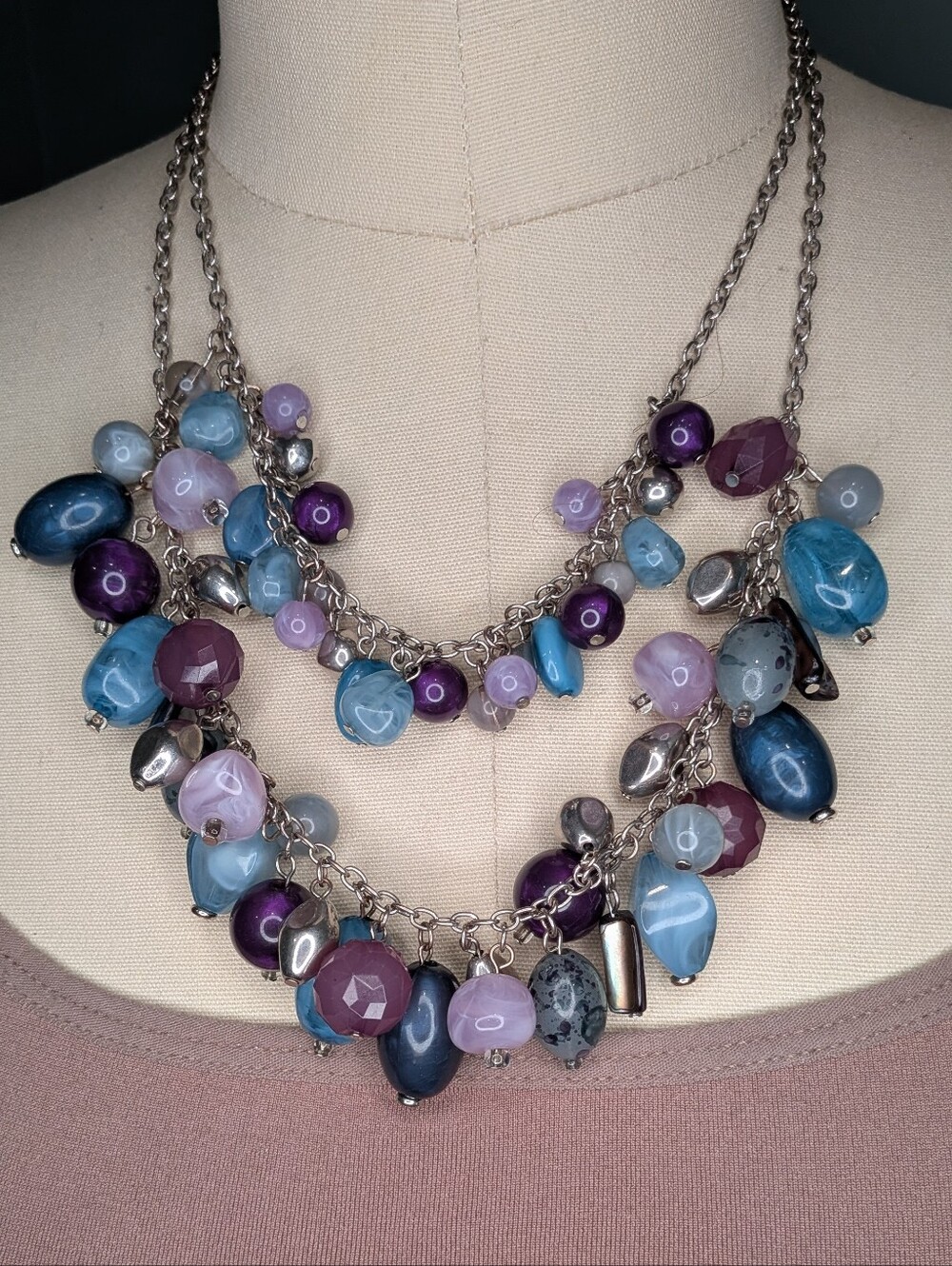 NY Collection Multi Strand Purple Blue Silver Cluster Bead Statement Necklace